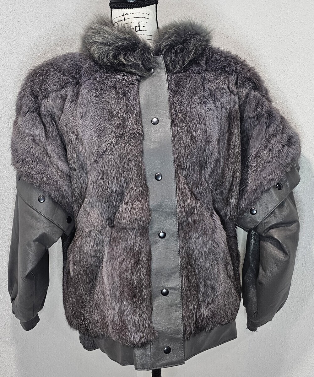Vintage Jacket Vest Size M Leather Rabbit Fur Gray Removable Sleeves Buttons